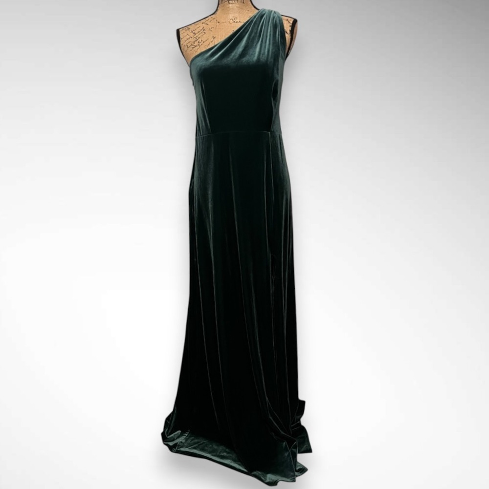 BIRDY GREY Kira Emerald Green Velvet One-Shoulder Formal Stretch Maxi Dress LG